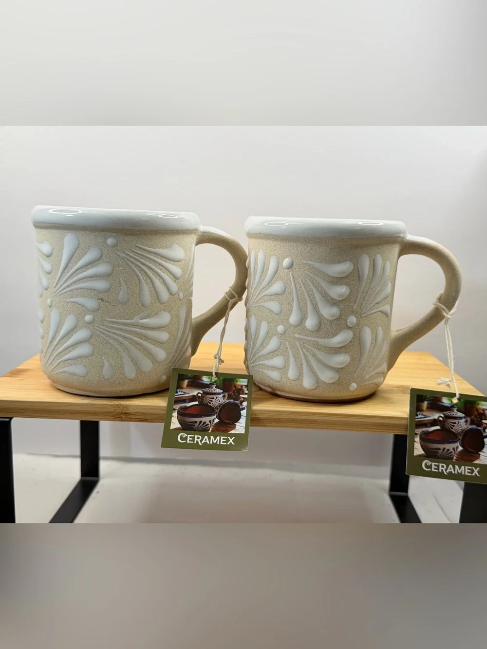 Ceramex Handmade Mexican Pottery Mugs Set of 2 16oz Cream White Hand Painted NEW
